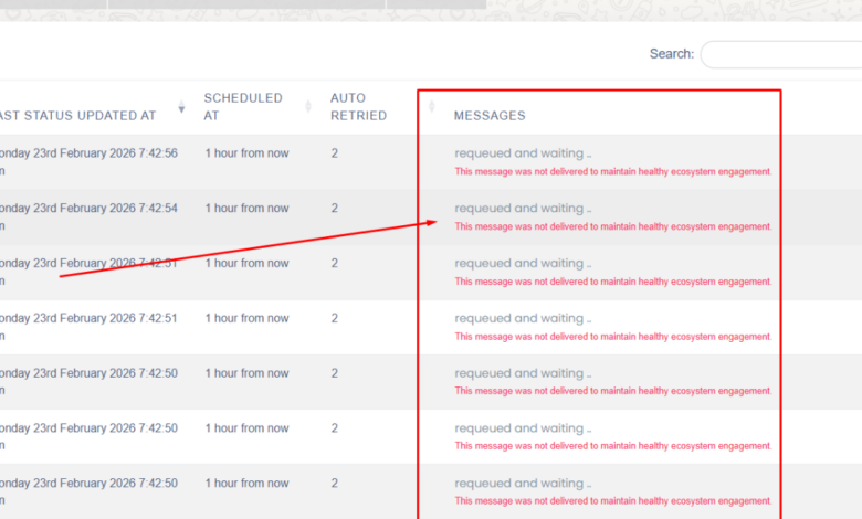 This message was not delivered to maintain healthy ecosystem engagement: WhatsApp Business API Error 1 This message was not delivered to maintain healthy ecosystem engagement